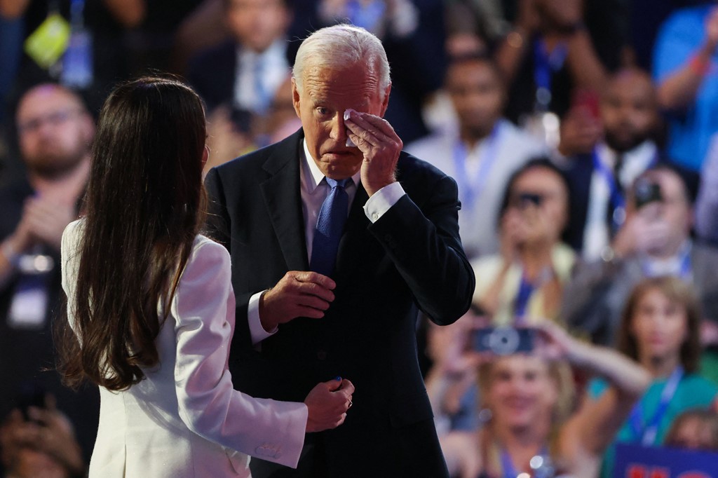 Emotional Joe Biden cries then mangles his words during swansong speech that is bumped off primetime in final humiliation for dumped president